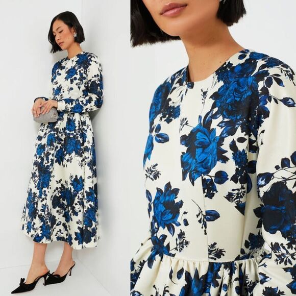 NEW Emilia Wickstead Blue Festive Bouquet Annie Long Sleeve A-Line Dress Size 10 - Picture 1 of 16